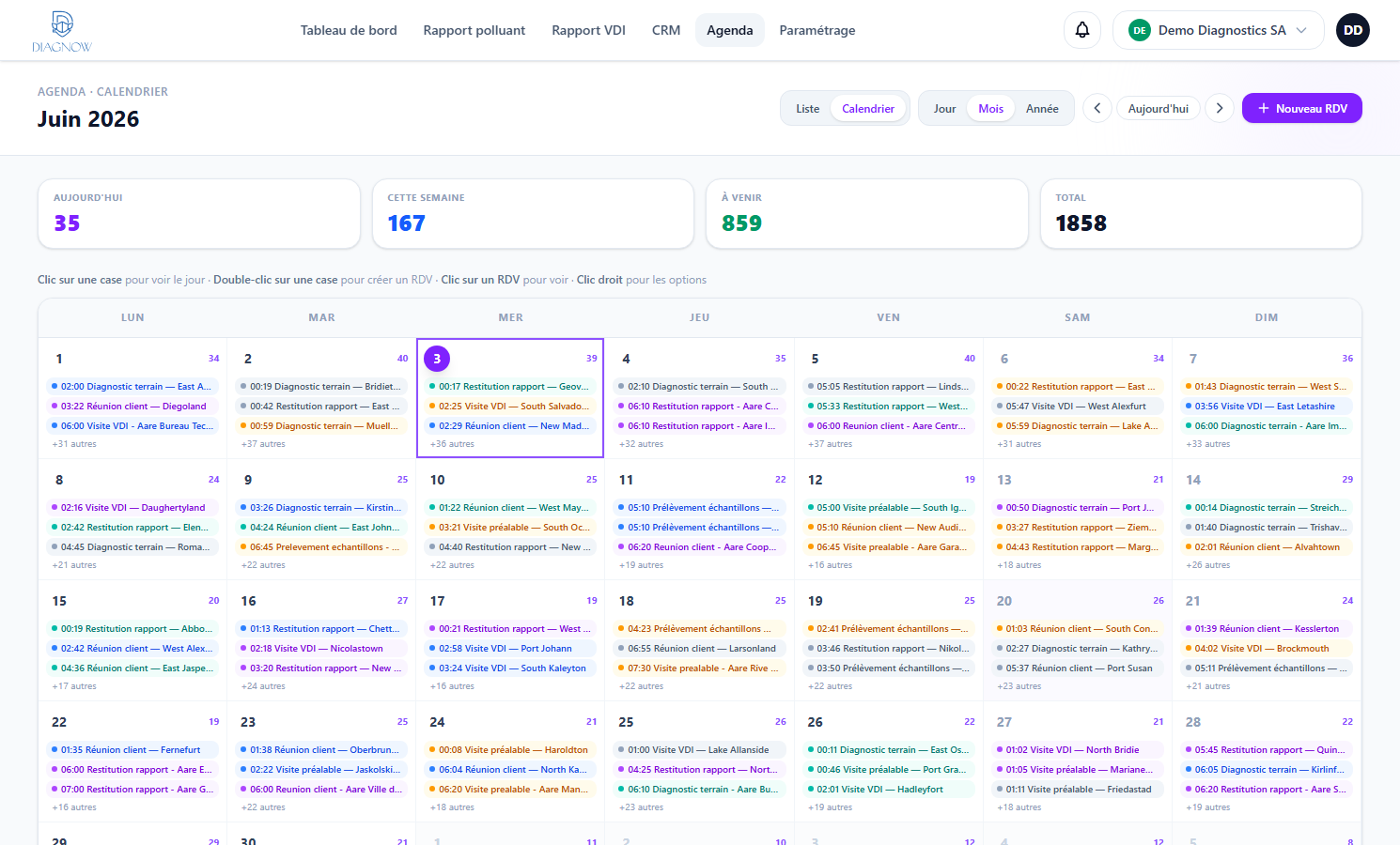 Agenda mensuel des rendez-vous et missions, vue calendrier