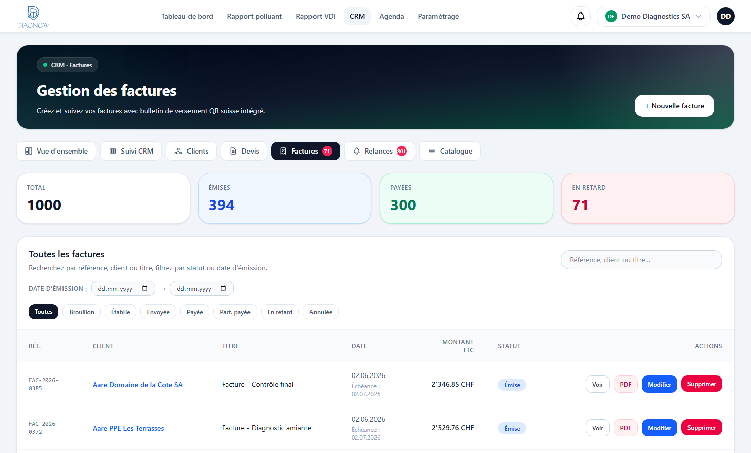 Liste des factures DiagNow avec client, montant, statut et actions